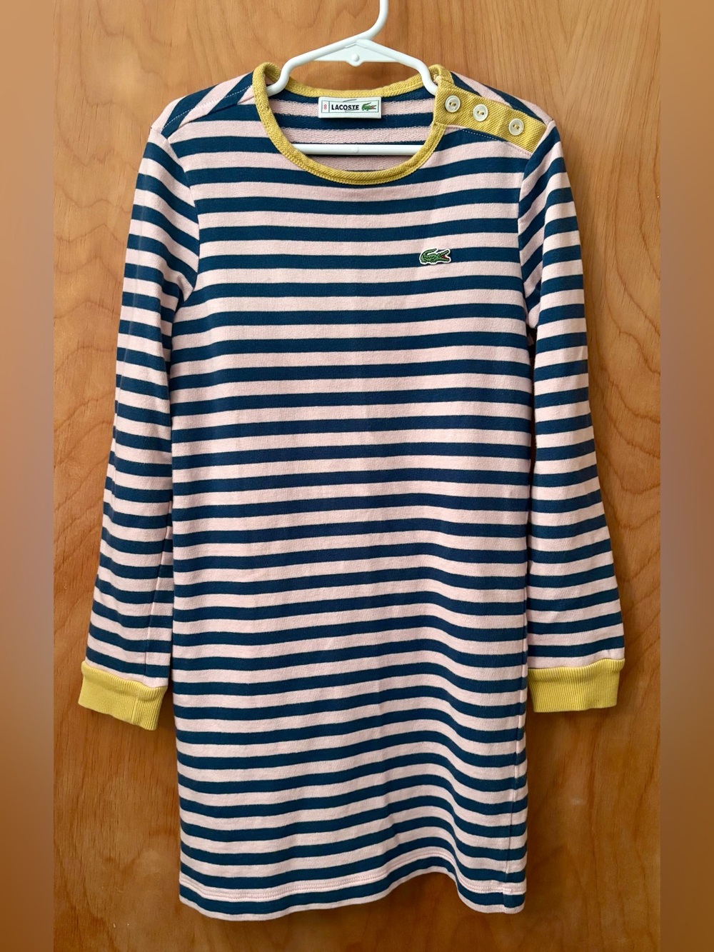 Lacoste Girls Long Sleeve Dress Size 8 100% Cotton Blue & Pink Stripes Preppy